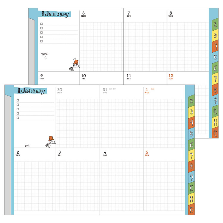 ブロックタイプの[見開き1週間]は、日記やイラストも描きやすいフォーマット。