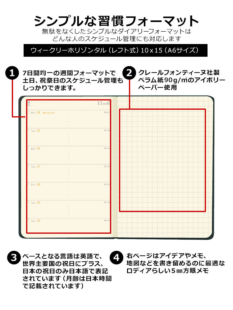 <b>ロディアらしい用紙や素材、フォーマットが嬉しいダイアリー</b>ダイアリー用紙は目に優しいクレールフォンティーヌ社製ベラム紙90g/m2のアイボリーペーパー使用。